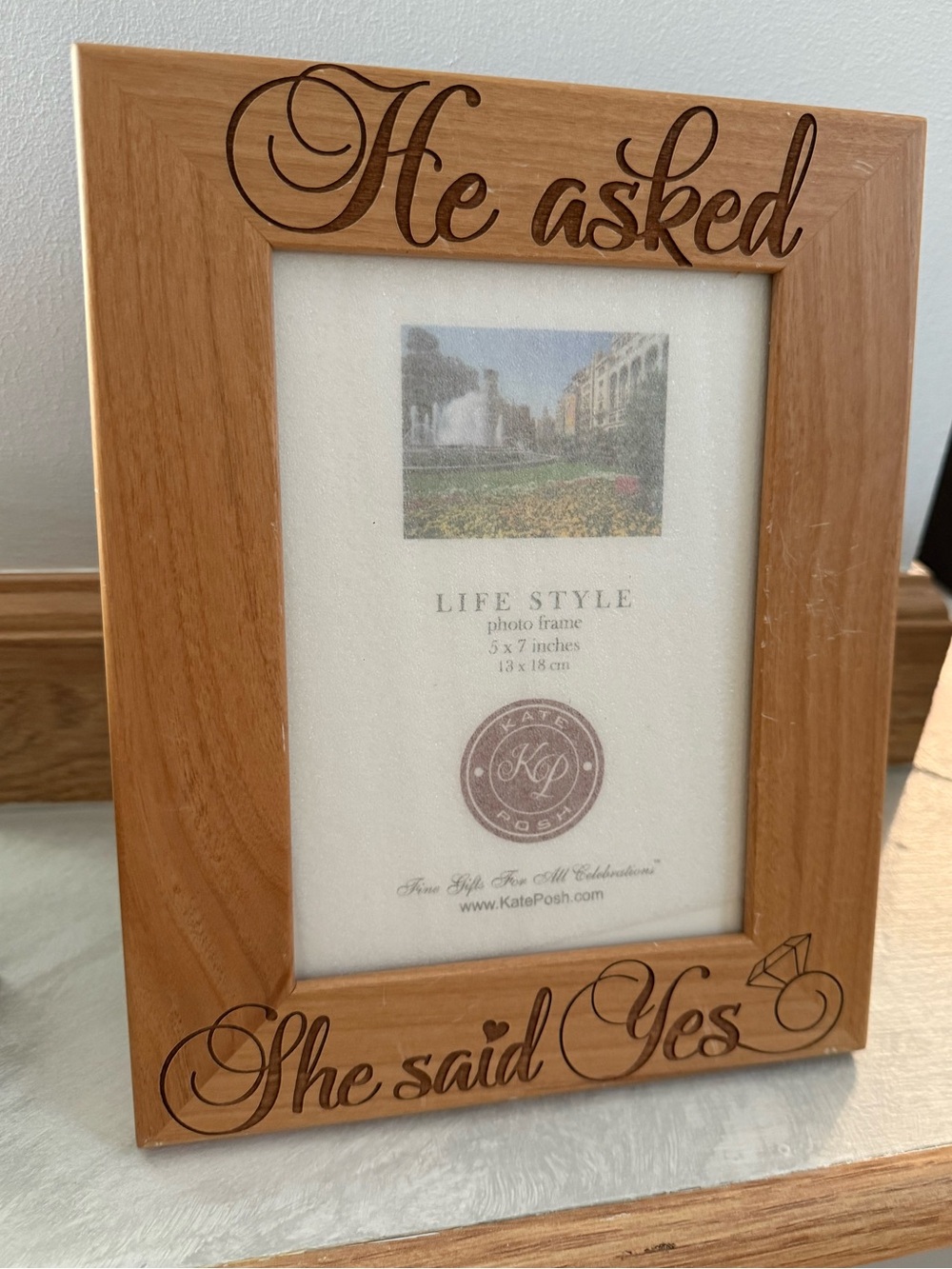 Engraved 'He asked She said Yes' Wood Photo Frame - Natural